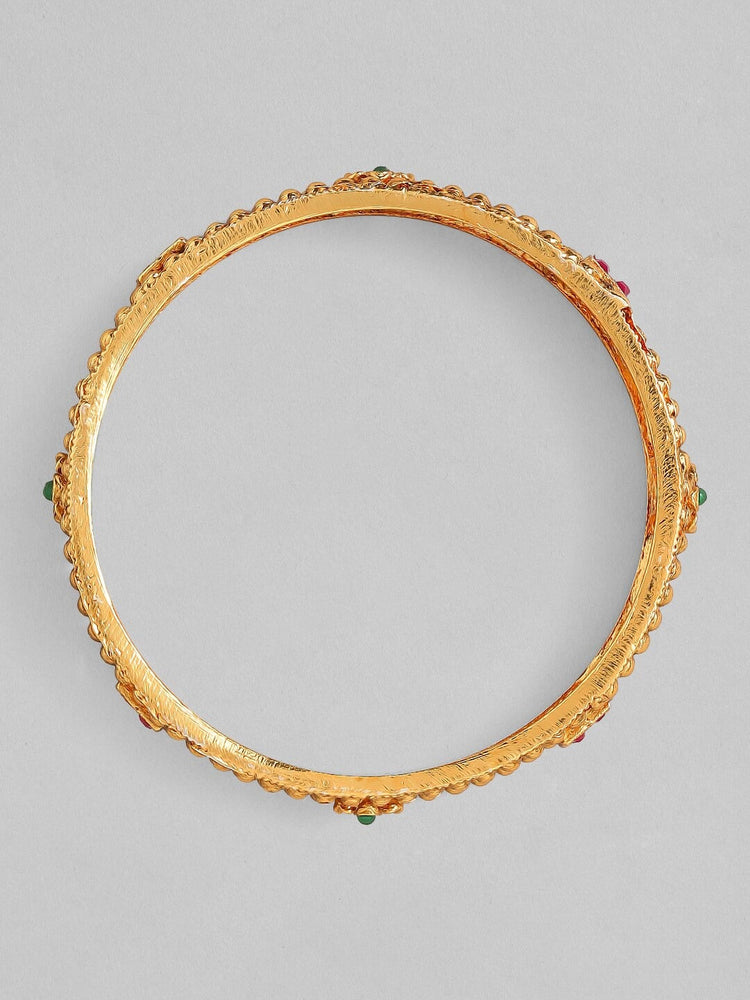Set of 2 24K Gold-Plated Red & Green Ruby Stone-Studded Filigree Handcrafted Bangles