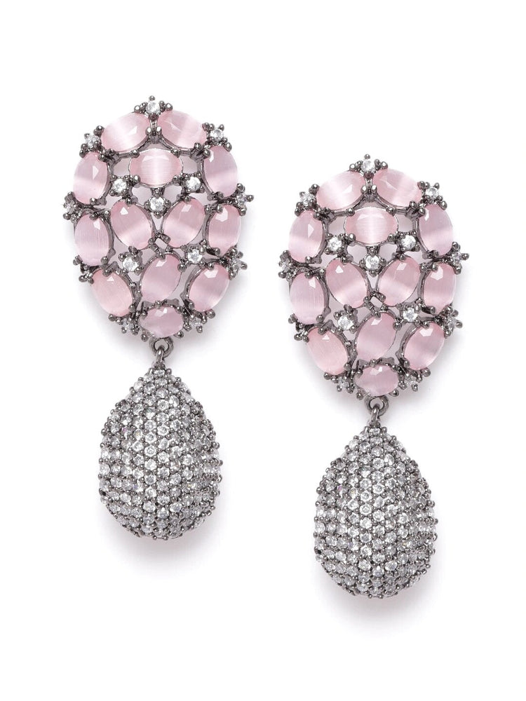 Pink & Gunmetal-Toned Silver-Plated Handcrafted Teardrop Shaped Drop Earrings