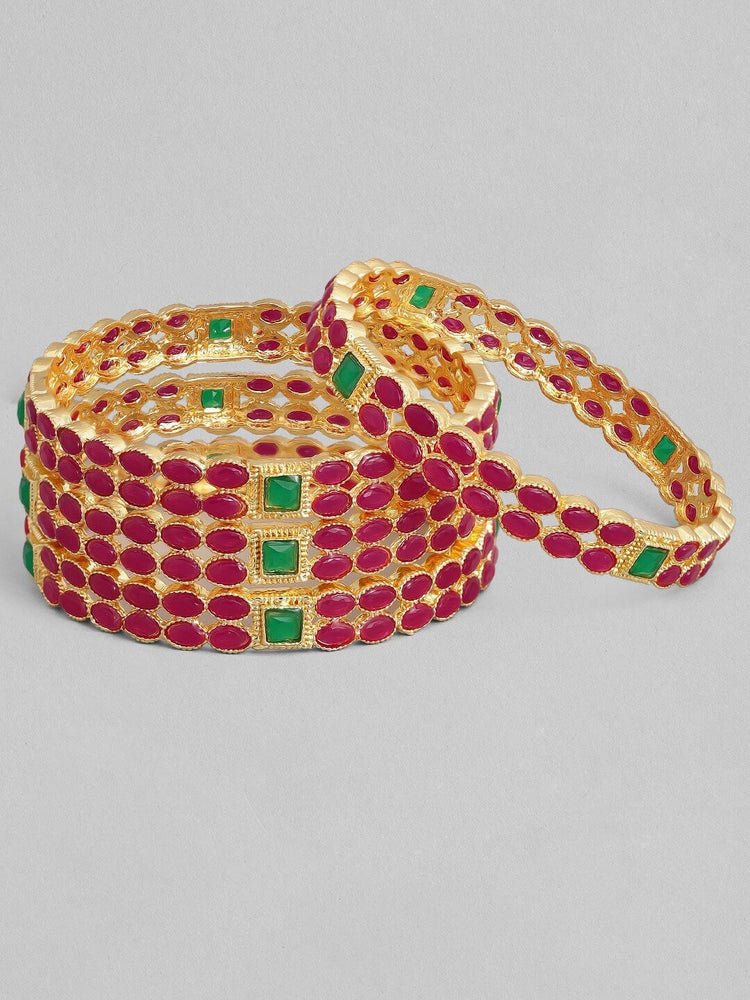 Set Of Two 22K Gold-Plated Pink & Green Stone-Studded Sustainable Handcrafted Bangles