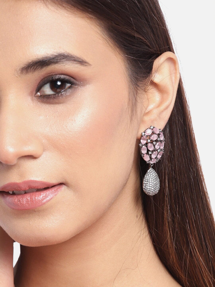 Pink & Gunmetal-Toned Silver-Plated Handcrafted Teardrop Shaped Drop Earrings