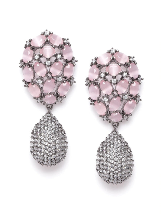 Pink & Gunmetal-Toned Silver-Plated Handcrafted Teardrop Shaped Drop Earrings