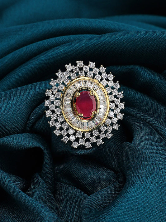 Women Gold-Plated & White CZ-Studded Adjustable Finger Ring