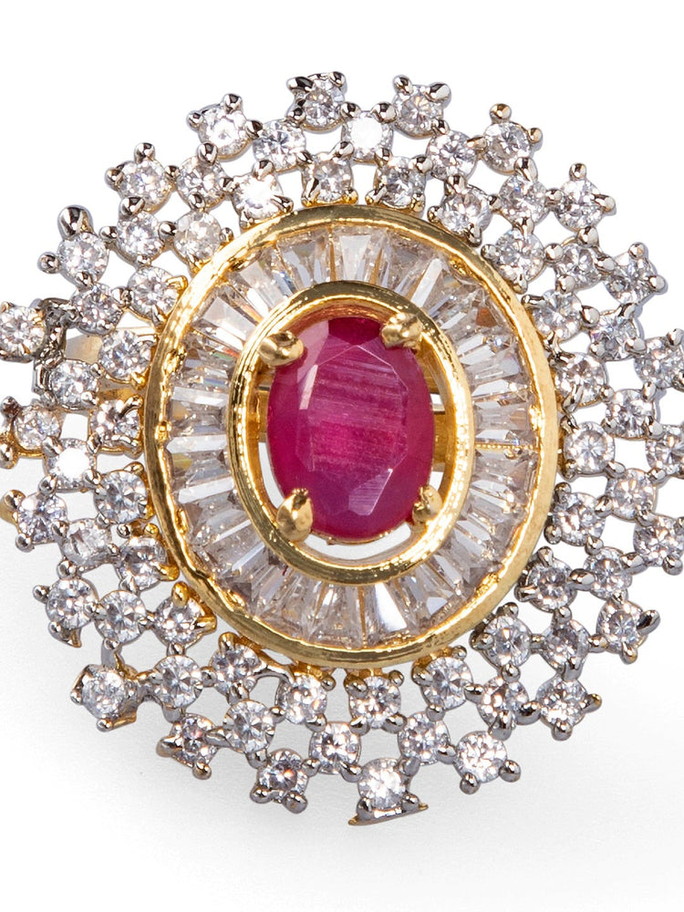 Women Gold-Plated & White CZ-Studded Adjustable Finger Ring